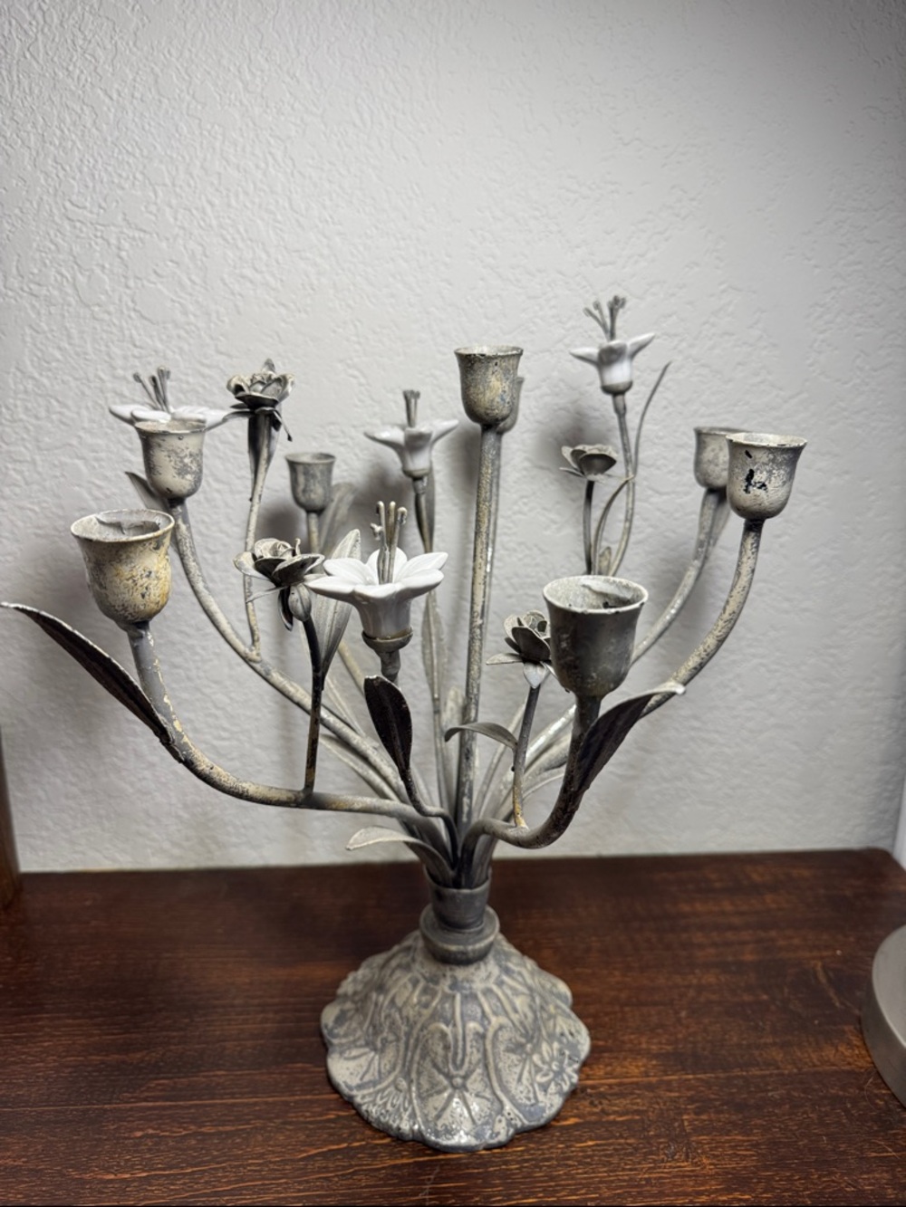 Antique French Metal Candelabra with Ceramic Flowers, 8-Arm Art Nouveau Style